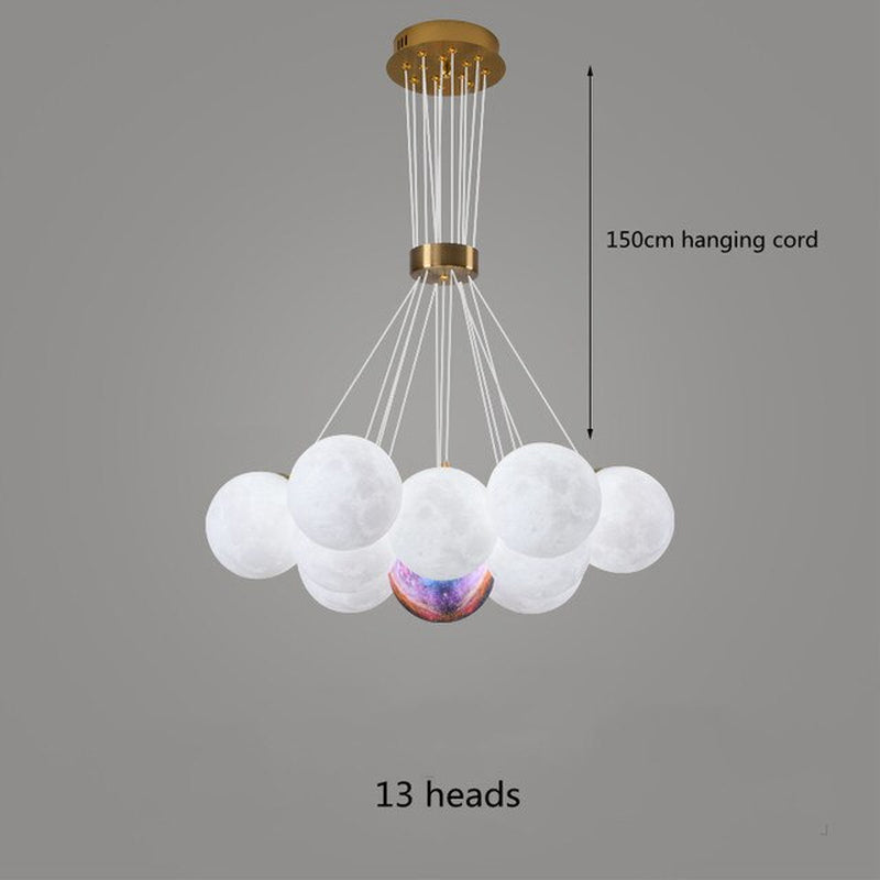 LED Chandelier Modern Living Room 3D Printed Moon Lampshade Hanging Light Decor Lighting Suspension Bedroom 7/13/19 Heads Lamp