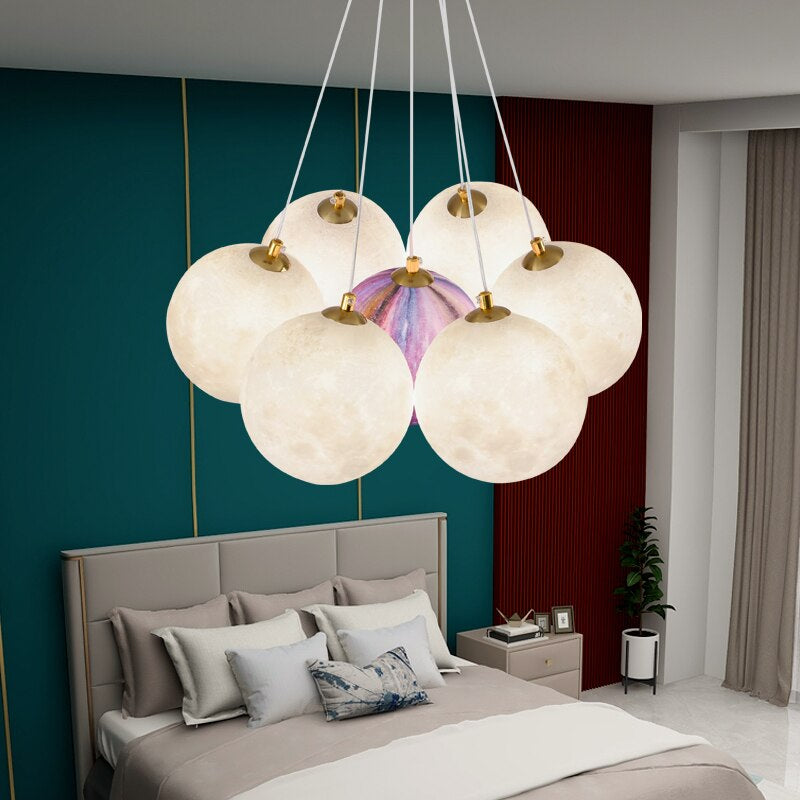 LED Chandelier Modern Living Room 3D Printed Moon Lampshade Hanging Light Decor Lighting Suspension Bedroom 7/13/19 Heads Lamp