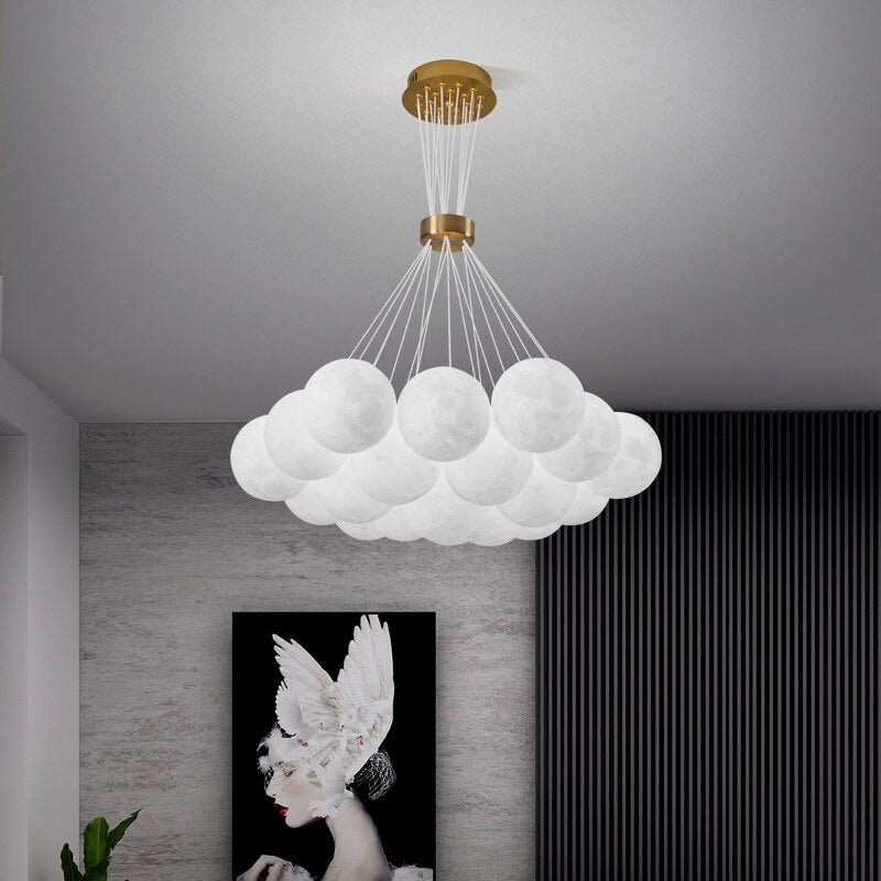 LED Chandelier Modern Living Room 3D Printed Moon Lampshade Hanging Light Decor Lighting Suspension Bedroom 7/13/19 Heads Lamp