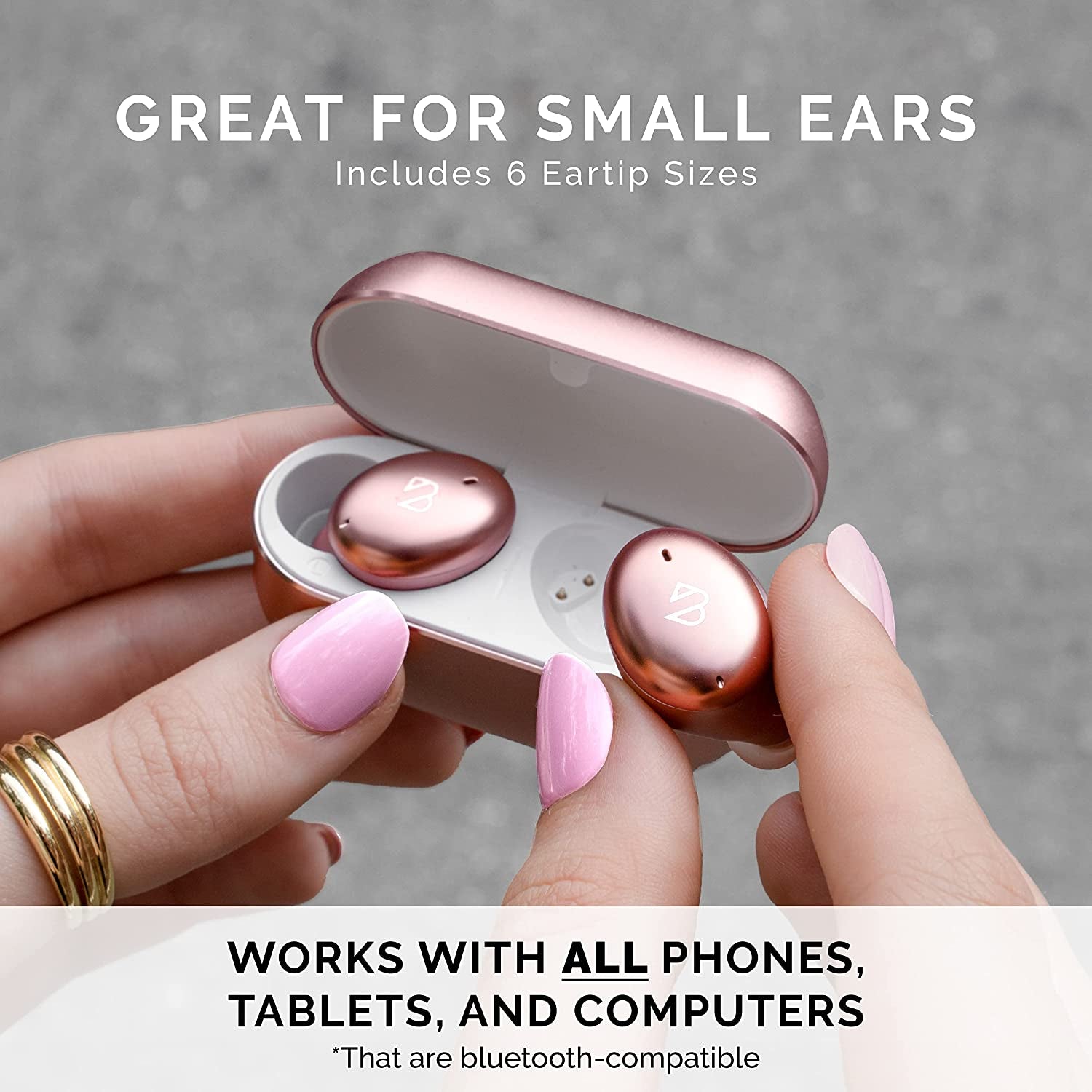 Tempo 30 Rose Gold Wireless Earbuds for Small Ears Women, Pink Bluetooth Earbuds for Small Ear Canals, Loud Bass Ear Buds Wireless Bluetooth Earbuds for Iphone, Android Earbuds Wireless Bluetooth Mic