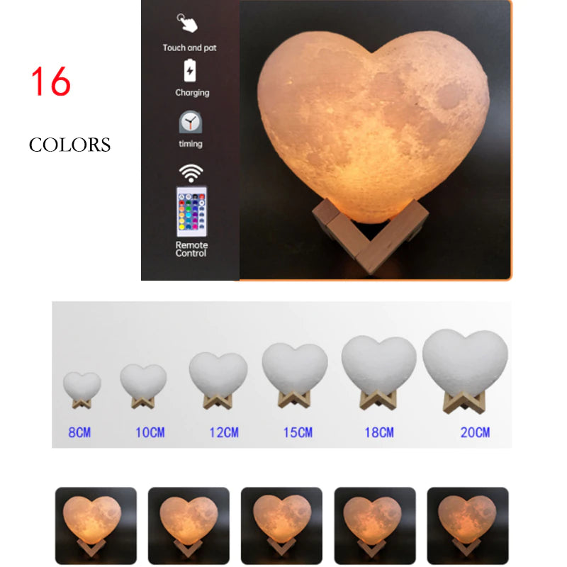 C2 3D Moon Lamp Night Light Love Heart Lamp USB Rechargable Girl Modeling Lamp Romantic Remote Shape Decoration Birthday Gift