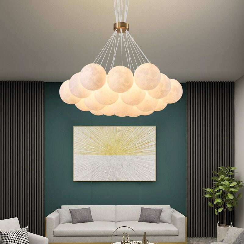 LED Chandelier Modern Living Room 3D Printed Moon Lampshade Hanging Light Decor Lighting Suspension Bedroom 7/13/19 Heads Lamp