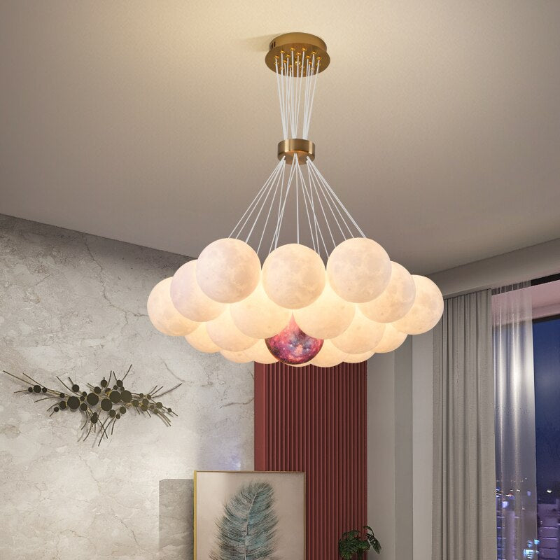 LED Chandelier Modern Living Room 3D Printed Moon Lampshade Hanging Light Decor Lighting Suspension Bedroom 7/13/19 Heads Lamp