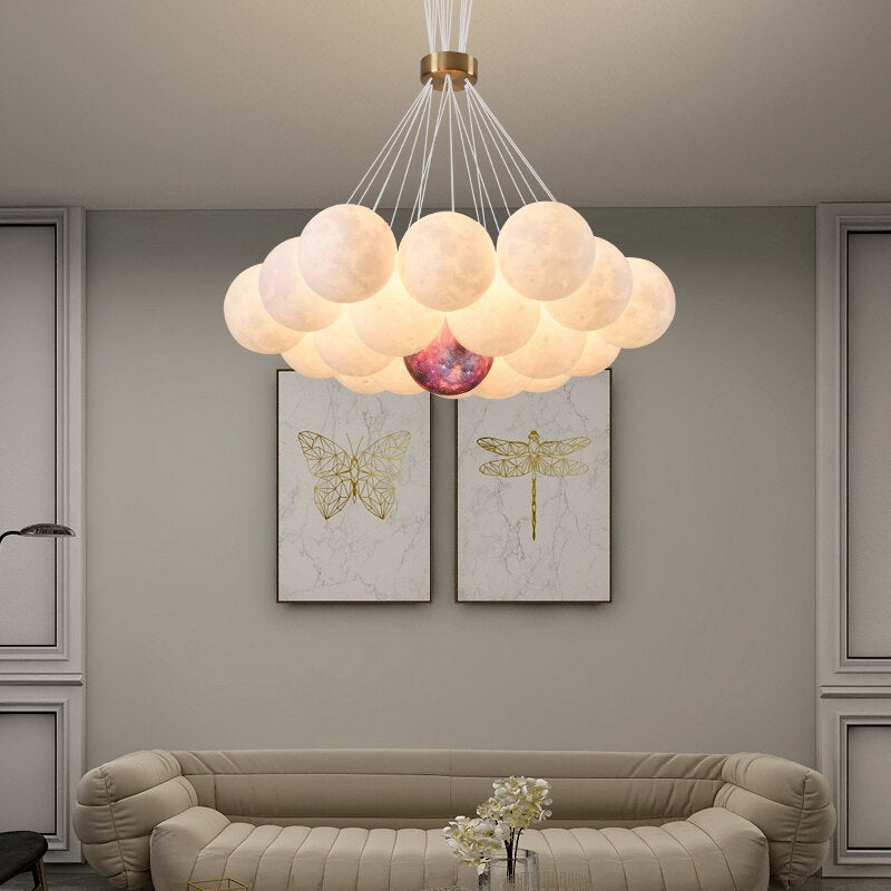 LED Chandelier Modern Living Room 3D Printed Moon Lampshade Hanging Light Decor Lighting Suspension Bedroom 7/13/19 Heads Lamp